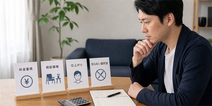 料金・相談環境・仕上がり・切らない選択肢からクリニックを選ぶ男性